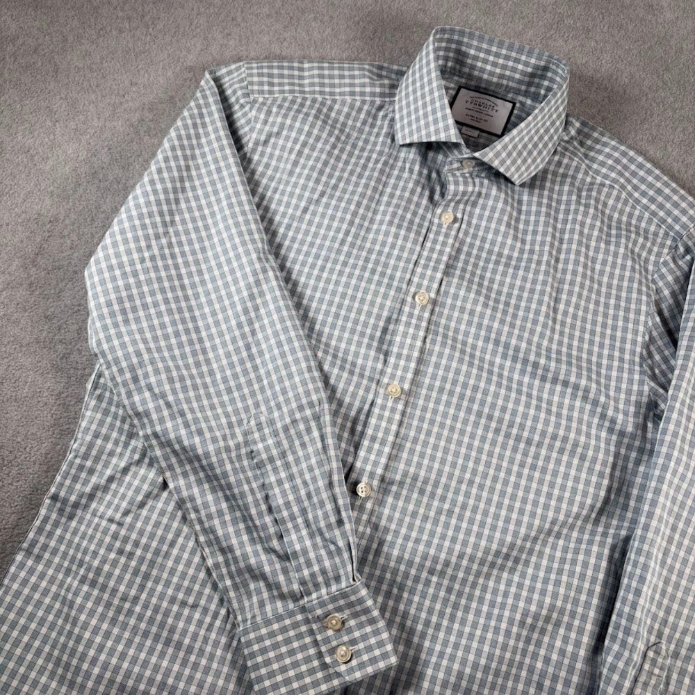 Charles Tyrwhitt Dress Shirt Mens 15.5/32 Blue Gingham Extra Slim Fit Non-Iron